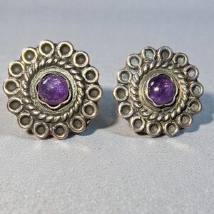 Vintage Taxco Mexico Amethyst And Sterling Silver Clip-on Earrings